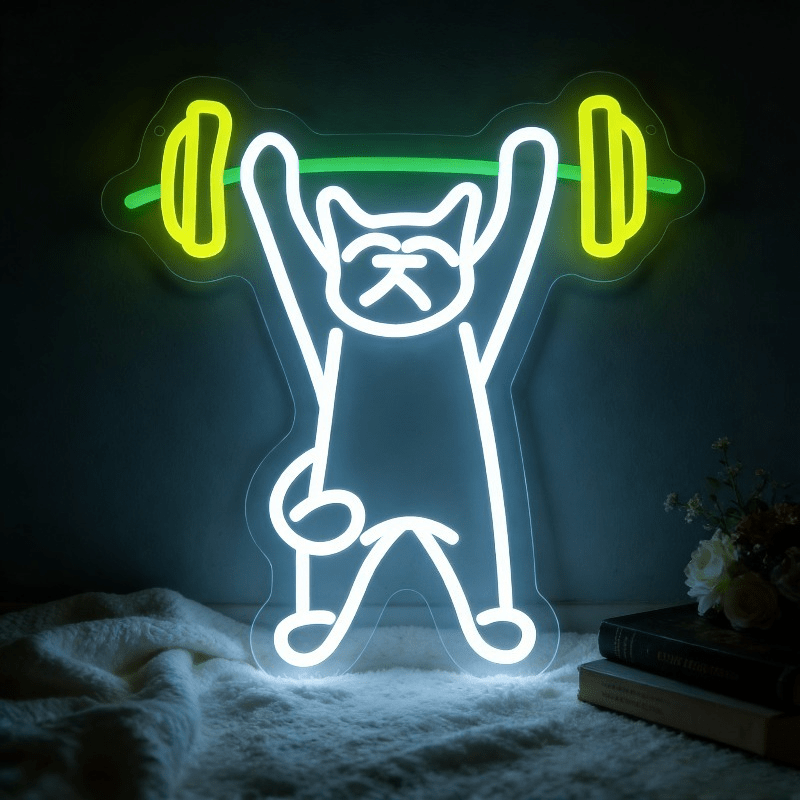 Cat Lifting Weights Neon Sign  – обзор и цена Home Gym Neon Sign