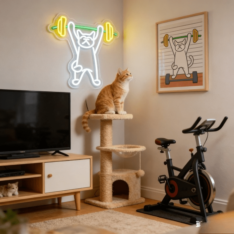 Cat Lifting Weights Neon Sign  – обзор и цена Home Gym Neon Sign